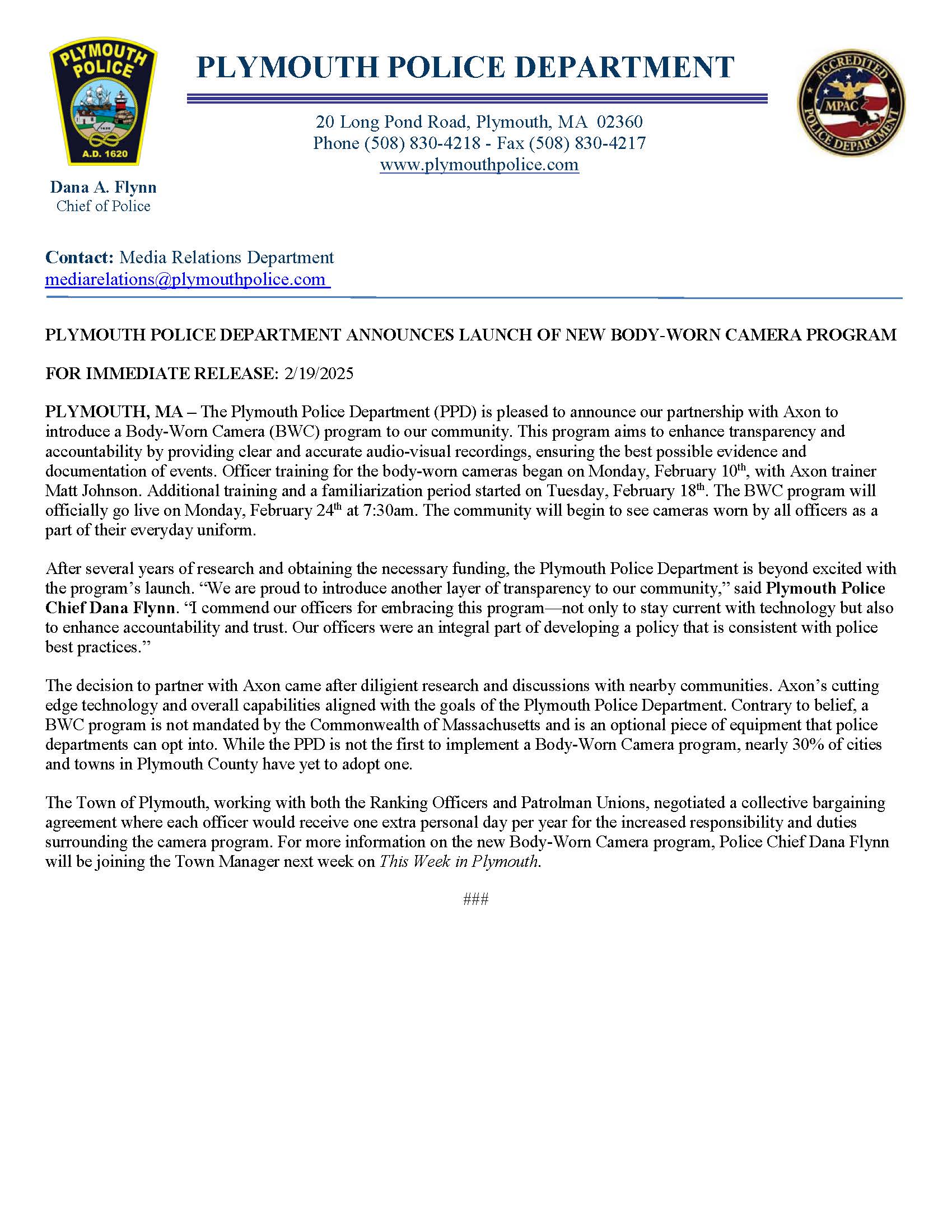 Plymouth Police Department Announce Launch of New Body Worn Camera Program 