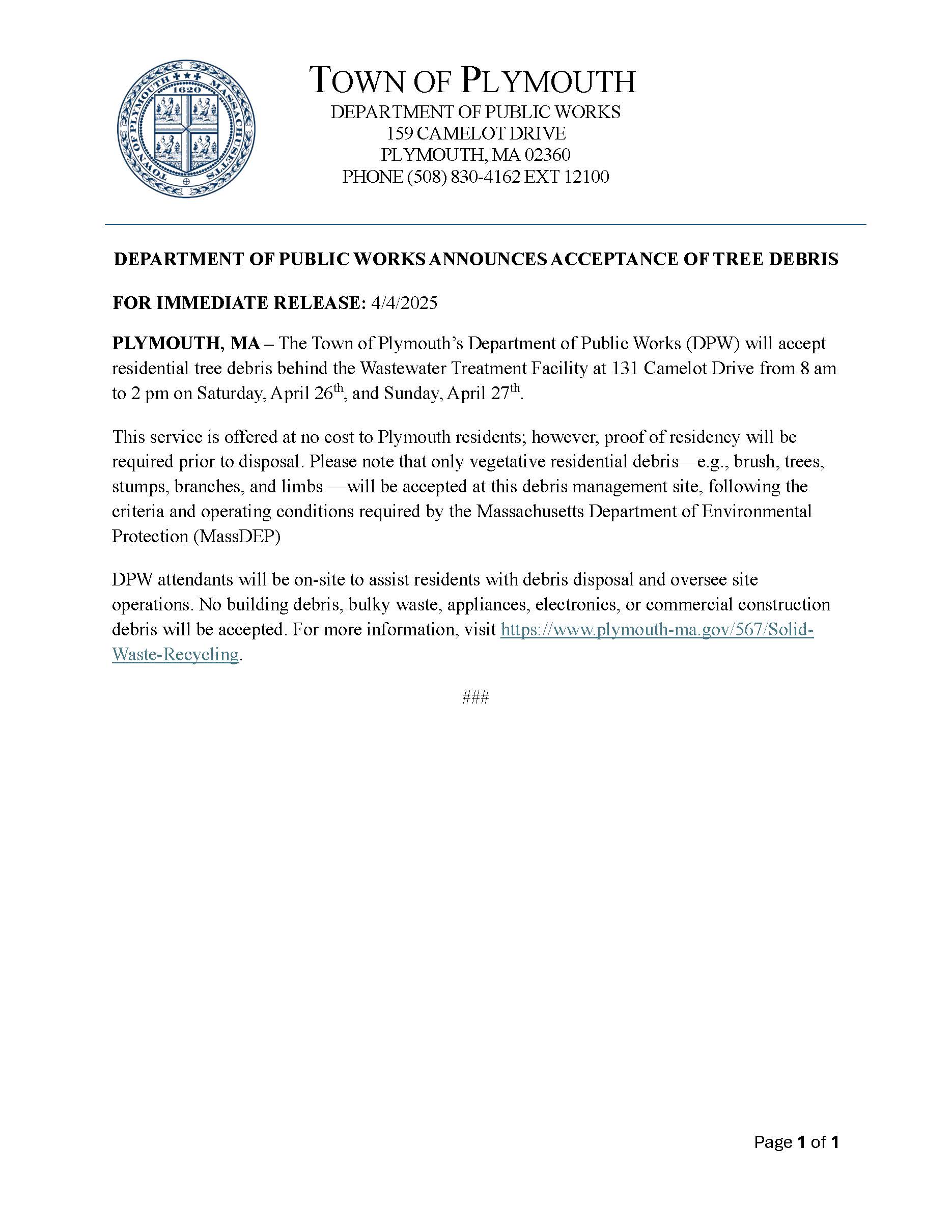 Tree Debris News Release - Spring 2025