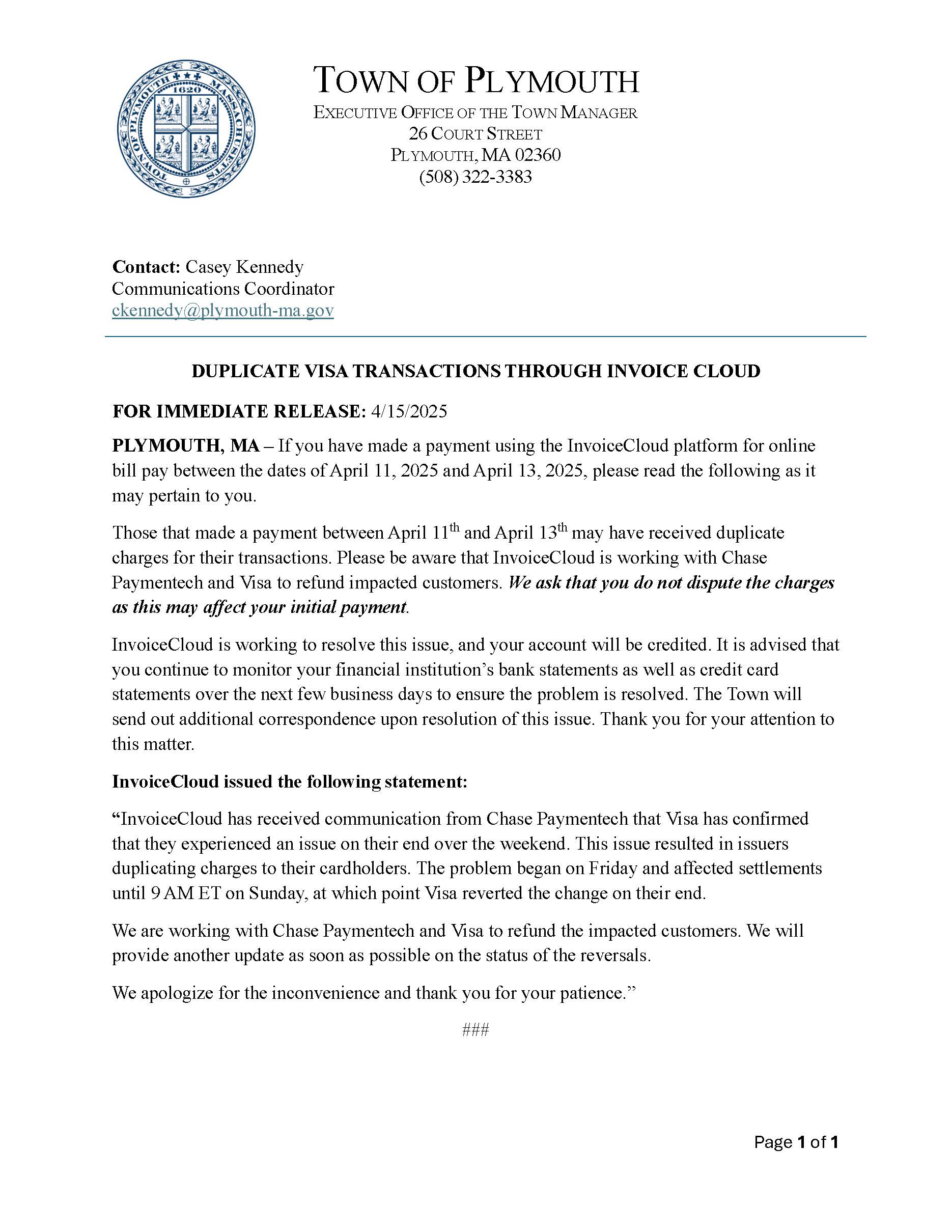 Press Release - Visa Duplicate Payments 