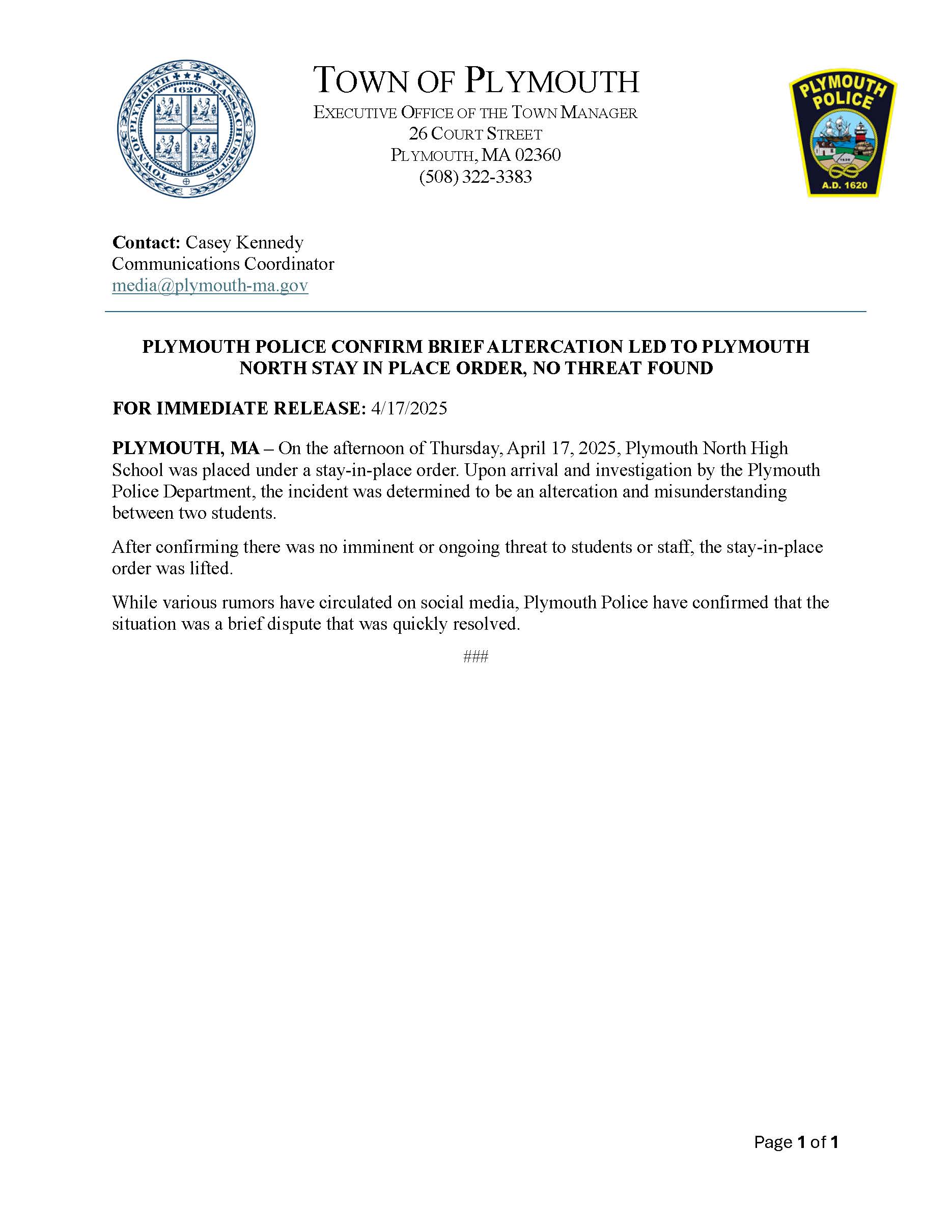 Plymouth North High School Stay in Place Order - No Threat Found