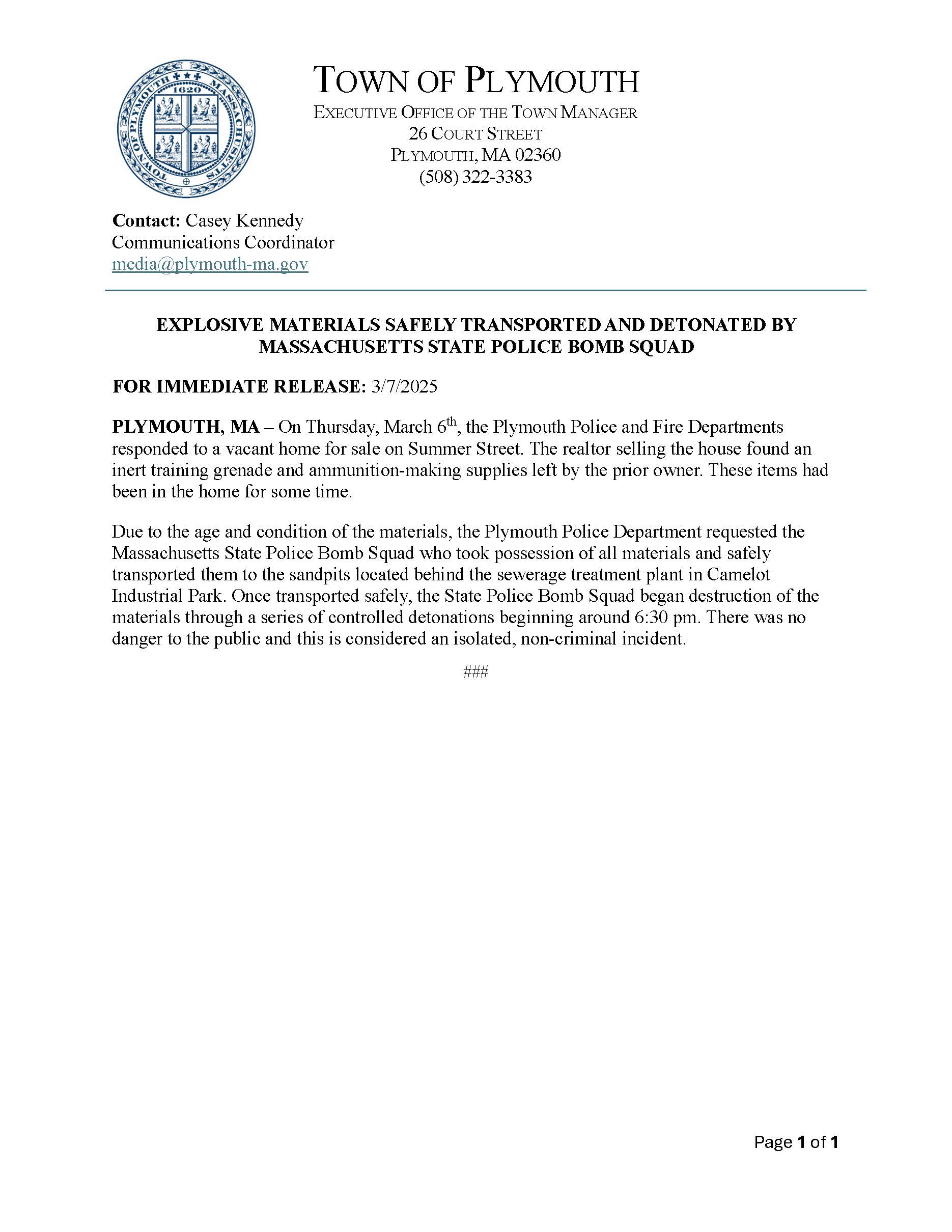 Explosive Materials Safely Transported and Detonated, Rendering Them Harmless