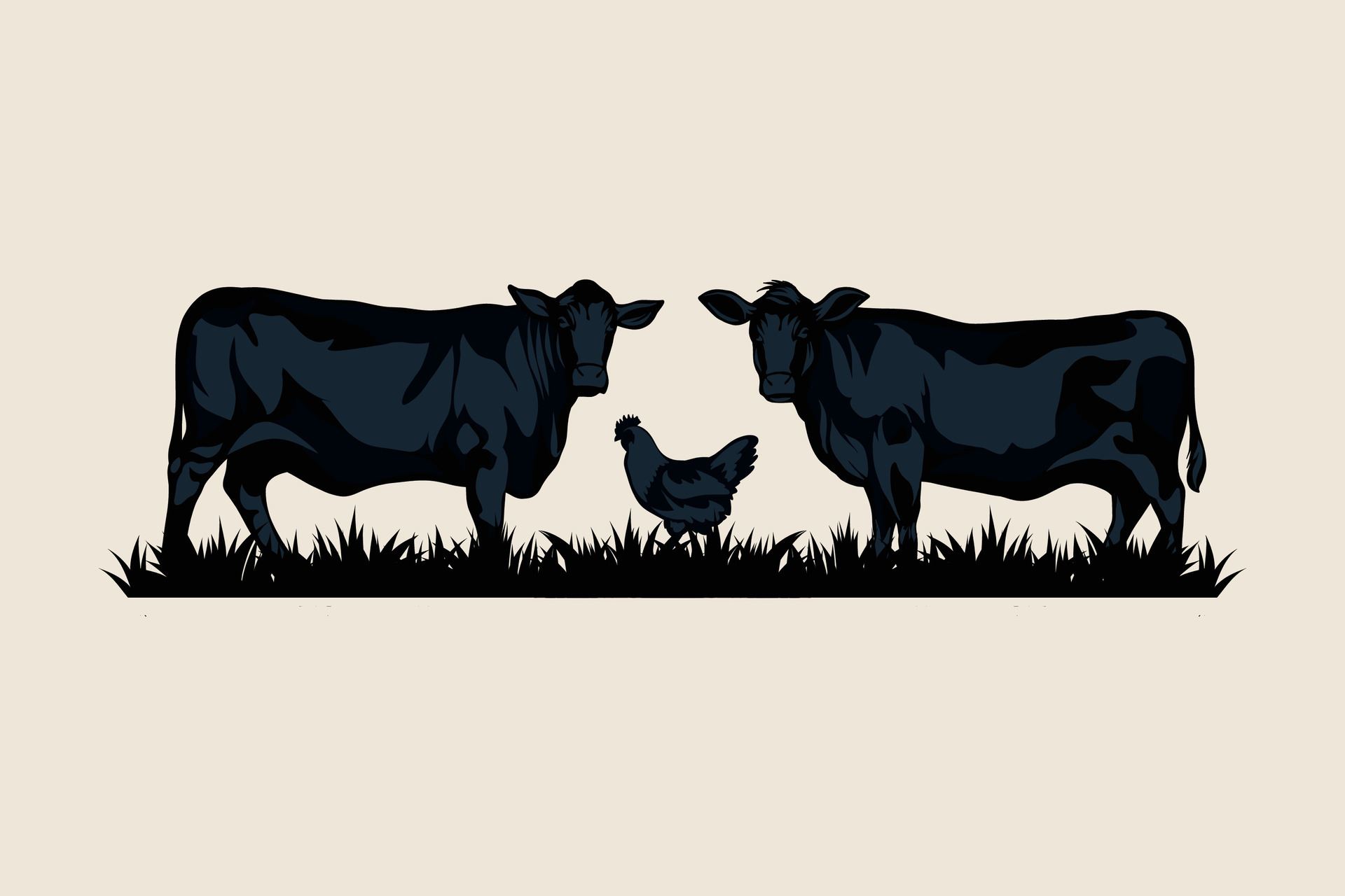 illustration-of-two-cows-and-one-chicken-in-the-middle-black-silhouette-cow-isolated-hand-drawn-free
