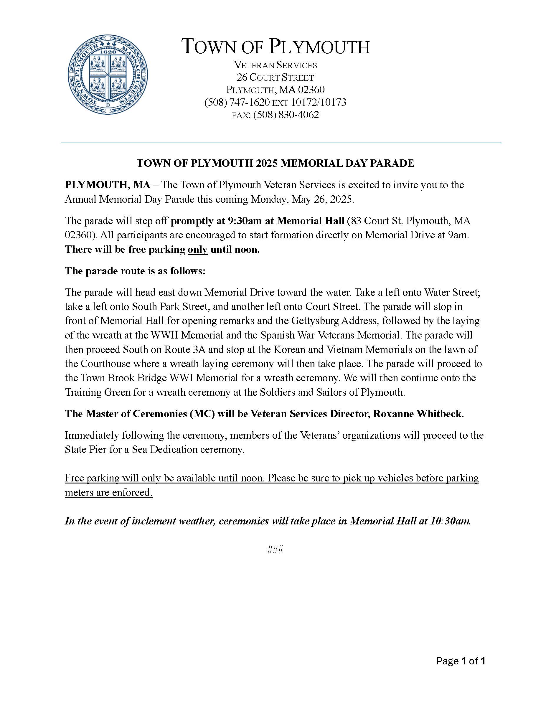 2025 Memorial Day Parade News Release - Updated