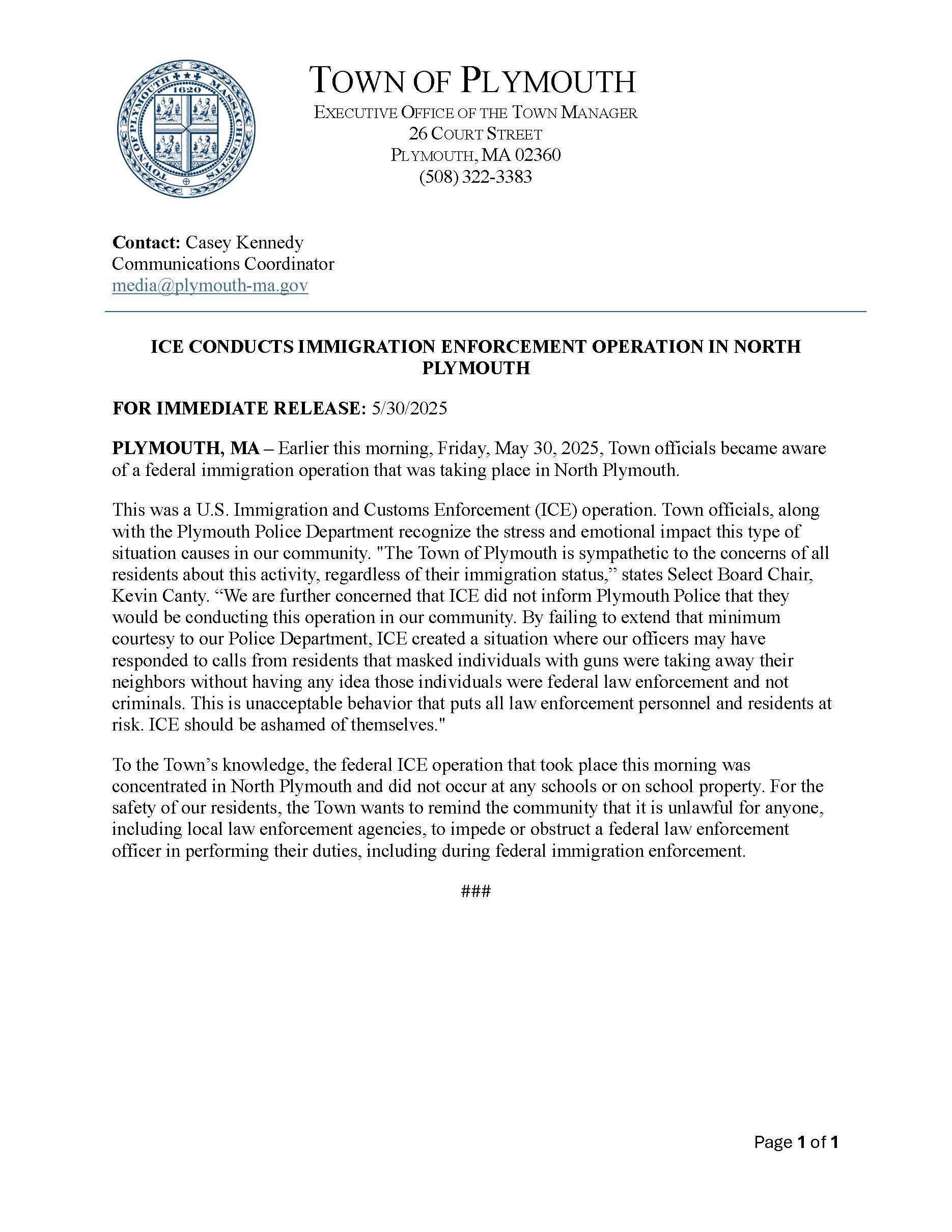 ICE CONDUCTS IMMIGRATION ENFORCEMENT OPERATION IN NORTH PLYMOUTH 