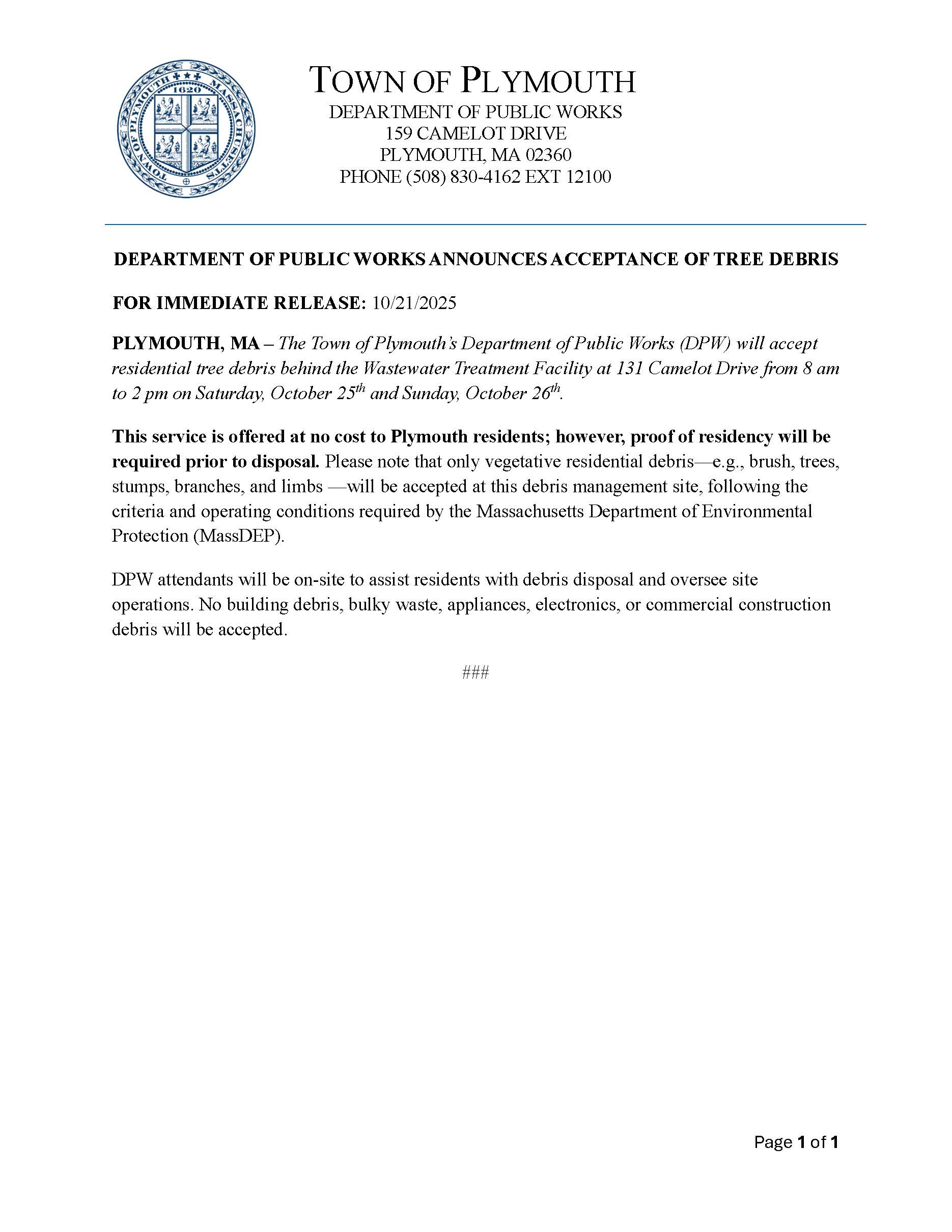 Tree Debris News Release - Fall 2025